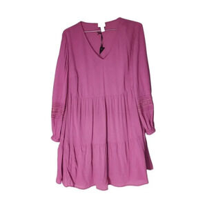 NEW Ava & Viv Long Sleeve Tiered Dress Rose Puff Sleeve V-Neck Knee Length Sz X